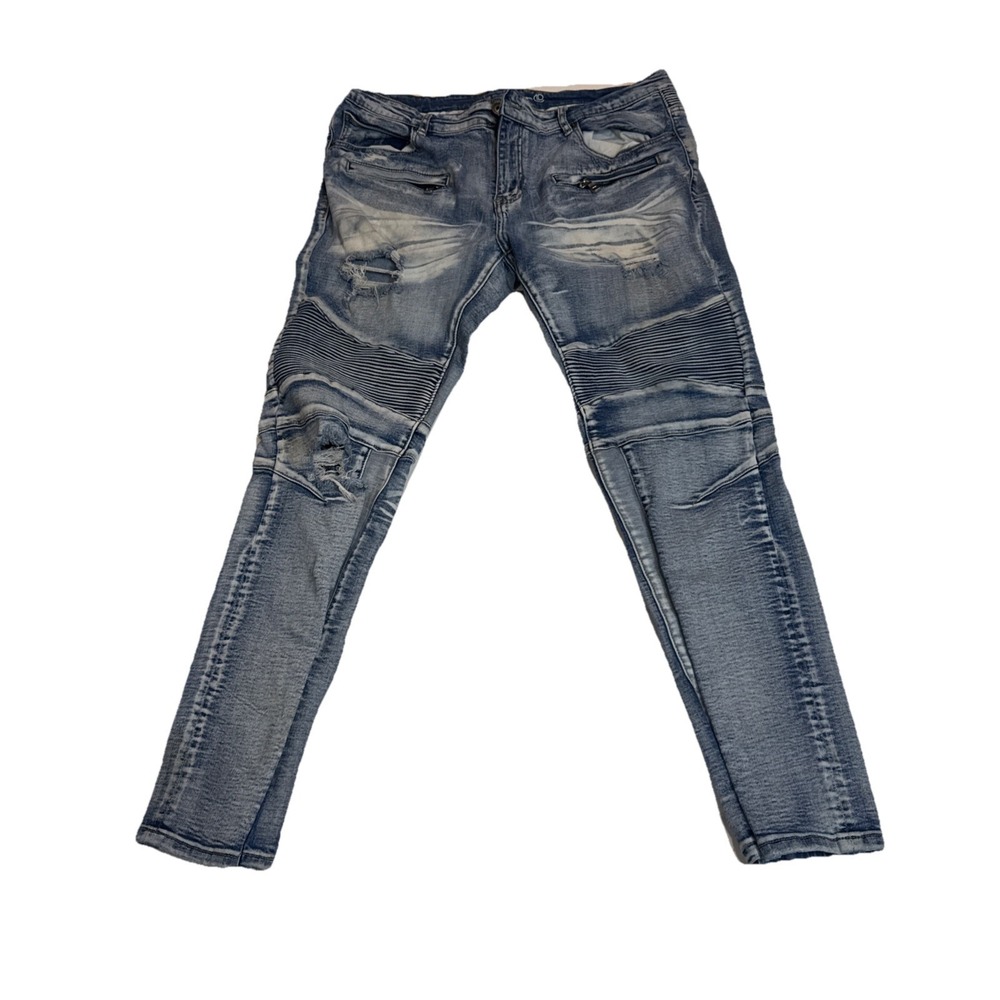 Crysp Denim Jeans Mens 38x32 Blue Light Wash Moto Biker Skinny Distressed Ripped